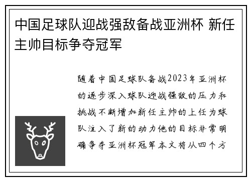中国足球队迎战强敌备战亚洲杯 新任主帅目标争夺冠军