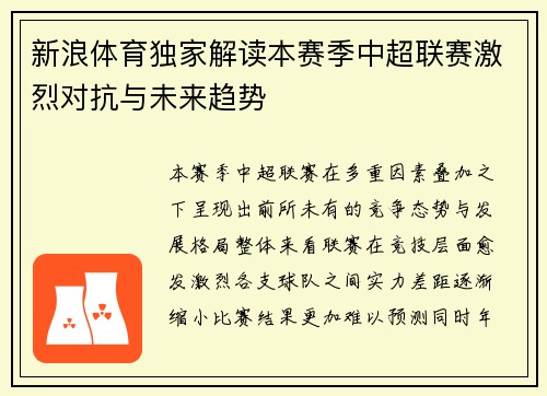 新浪体育独家解读本赛季中超联赛激烈对抗与未来趋势
